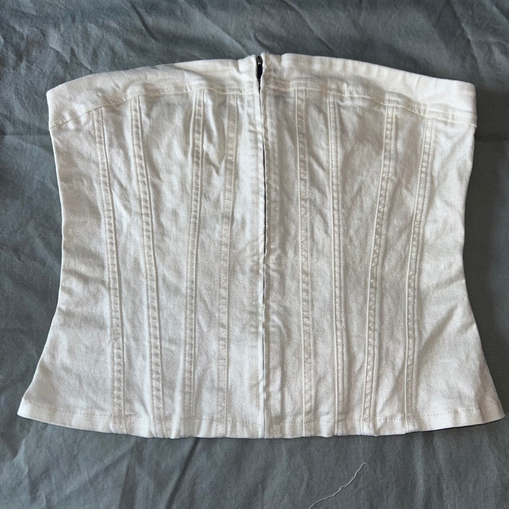 ZARA White Iridescent Denim Corset Top Bustier Top Fitted Zip Up Wm's Size XXL